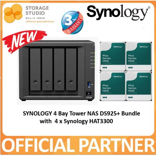 SYNOLOGY 4-Bay Diskstation DS925+ bundle with Synology HAT3300 Hard Drive 4 x 12TB warranty 3 years